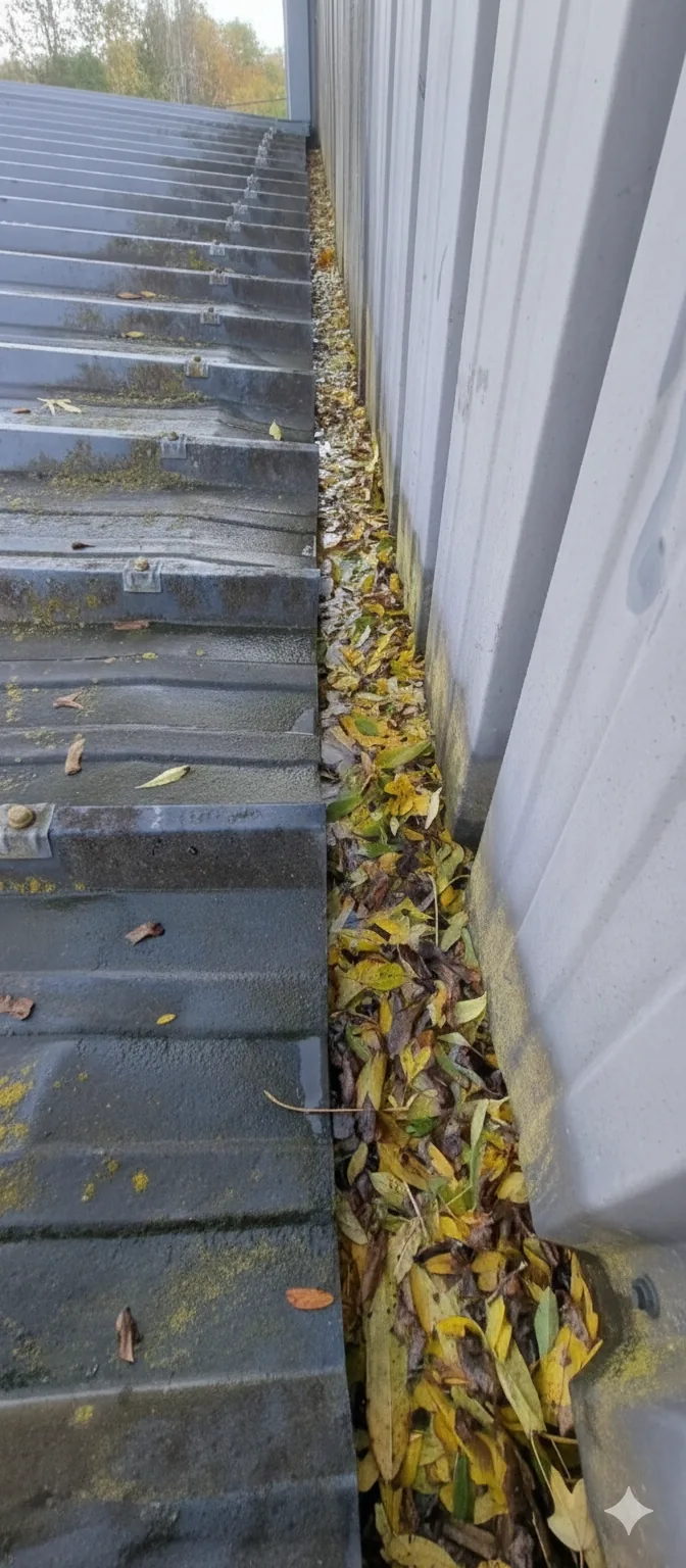 Chéneau bac acier complètement obstrué par des feuilles mortes — eau stagnante visible — secteur Saumur