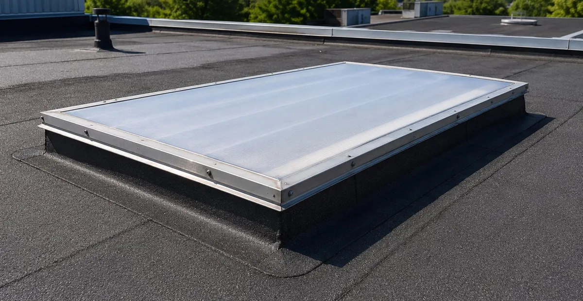 Lanterneau de toiture-terrasse — polycarbonate, cadre aluminium, visserie et pied de lanterneau sur étanchéité bitume — Saumur Maine-et-Loire