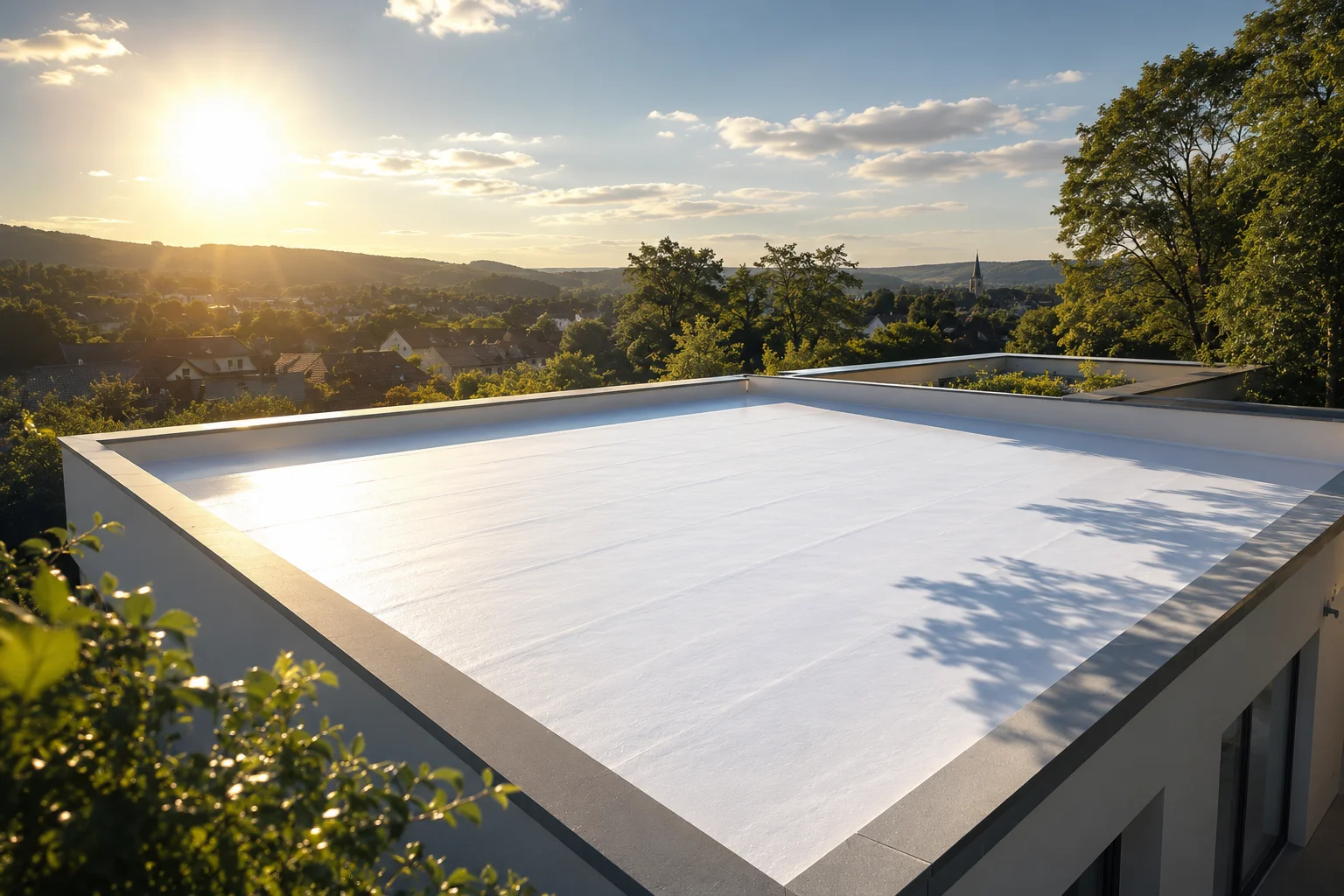 Toiture-terrasse exposée au soleil — confort d'été et membrane réfléchissante à Saumur